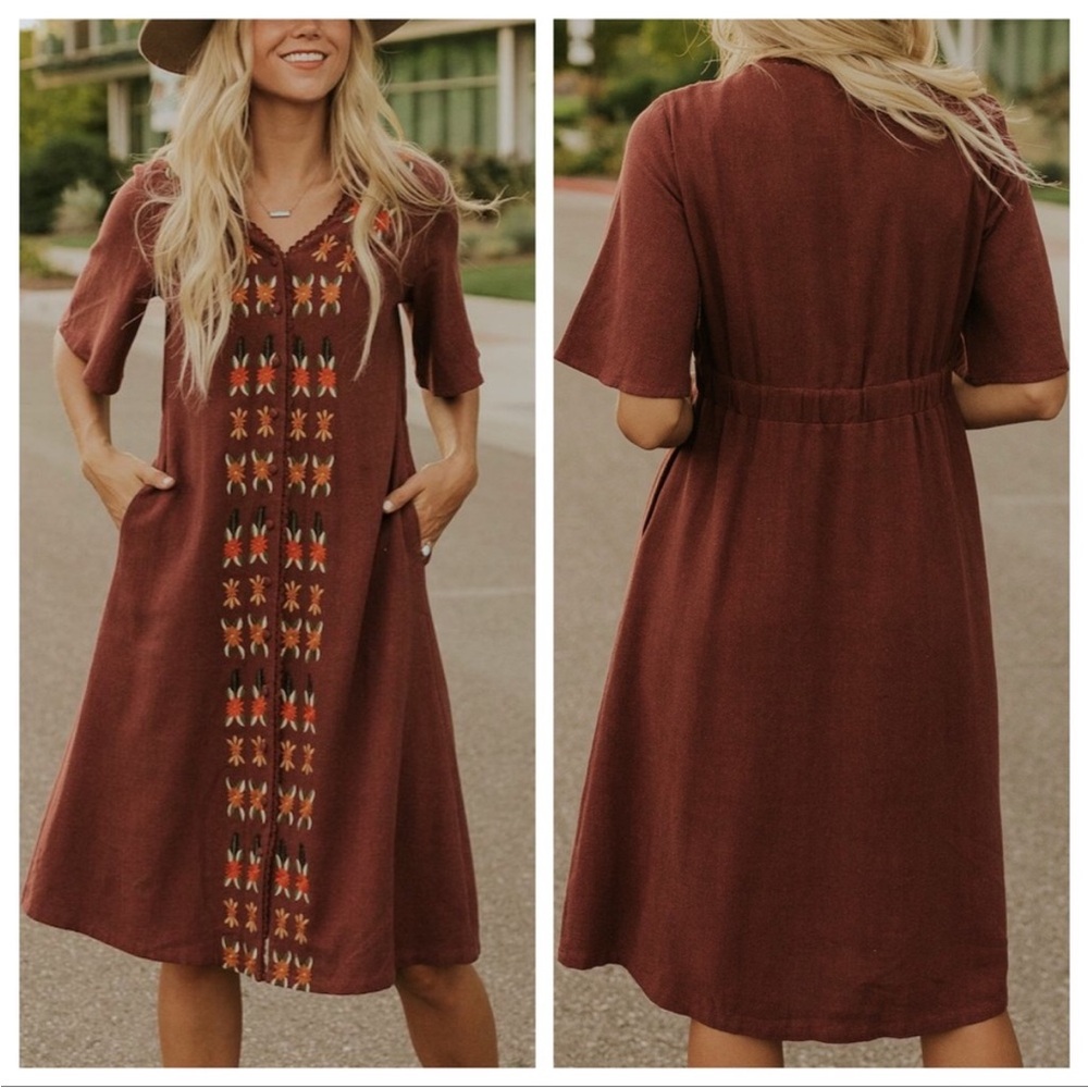 Roolee Maroon Dress with Floral Embroidery